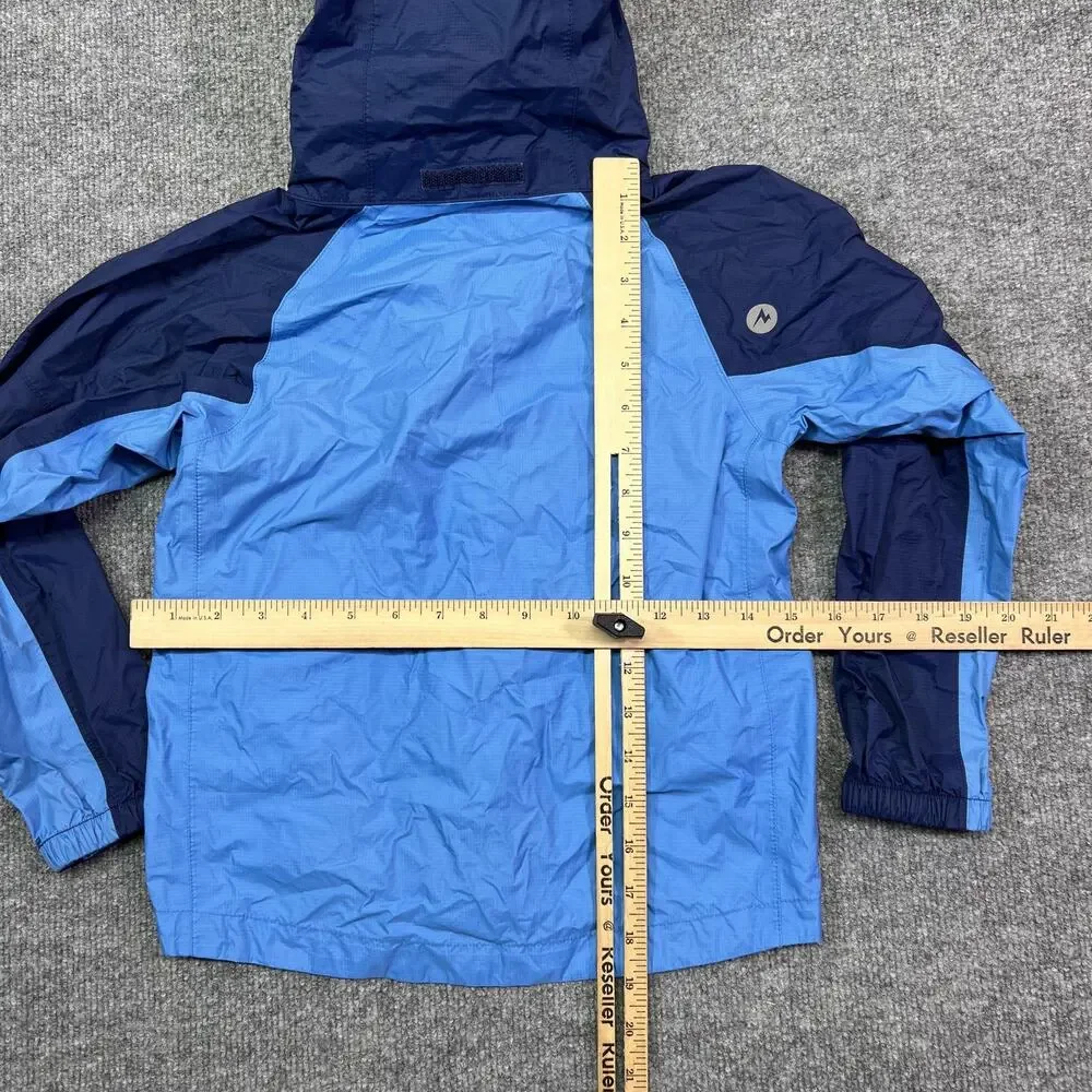 Marmot Jacket Kids XS Blue Colorblock Hooded Rain Coat Nylon Shell Lightweight